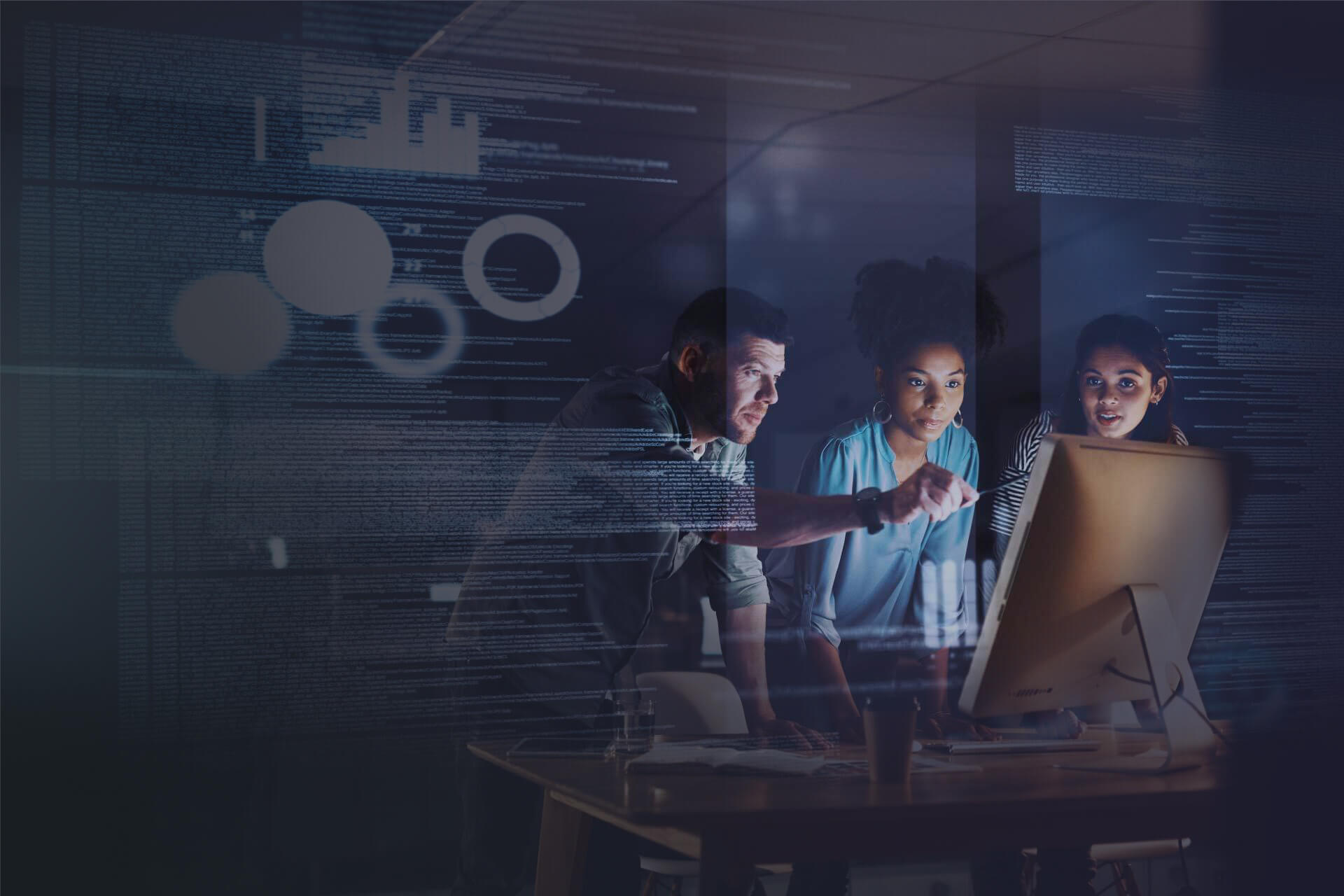 Image of man and two women looking at computer screen with abstract source code overlay.