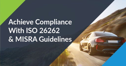 White text on left: Achieve Compliance With ISO 26262 & MISRA Guidelines. Image on right shows sports car in motion driving on a road with grassy hills to the right.