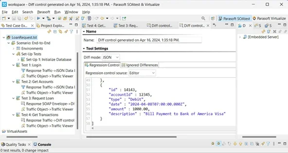 Screenshot of Parasoft SOAtest in the Eclipse IDE showing an end-to-end scenario test case with regression control.