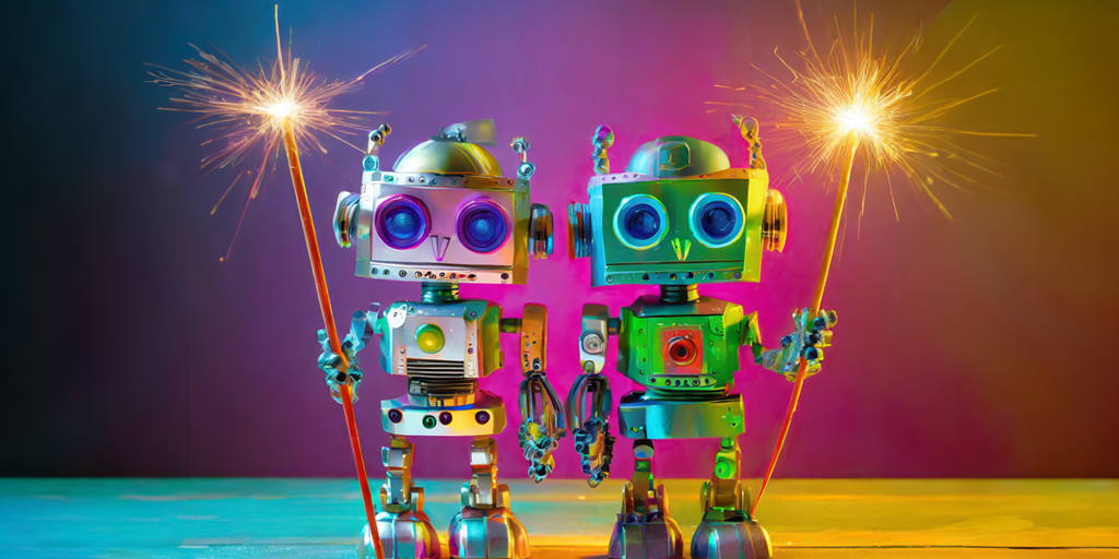 Two robots with magic wands that sparkle