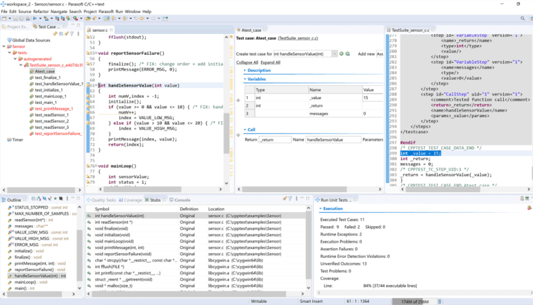 Screenshot of Parasoft C/C++test unit testing with test creation, execution, and regression testing.