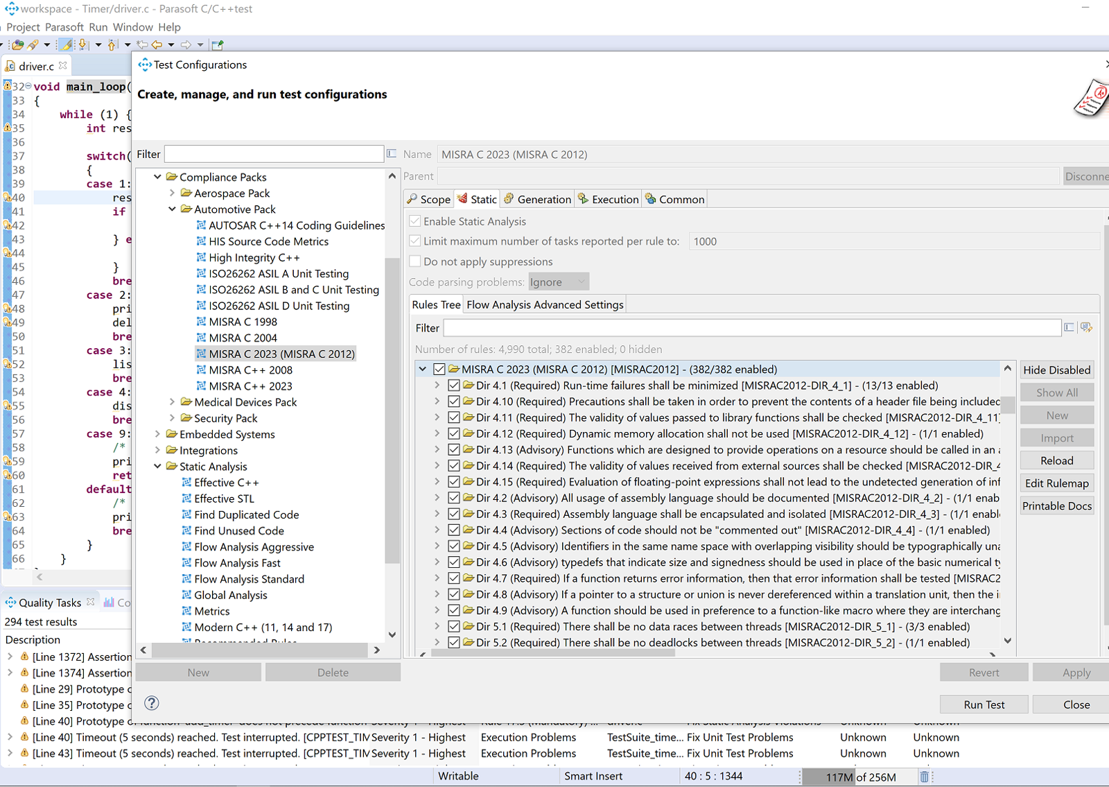 Screenshot of C/C++test MISRA C 2023 static analysis configuration window.