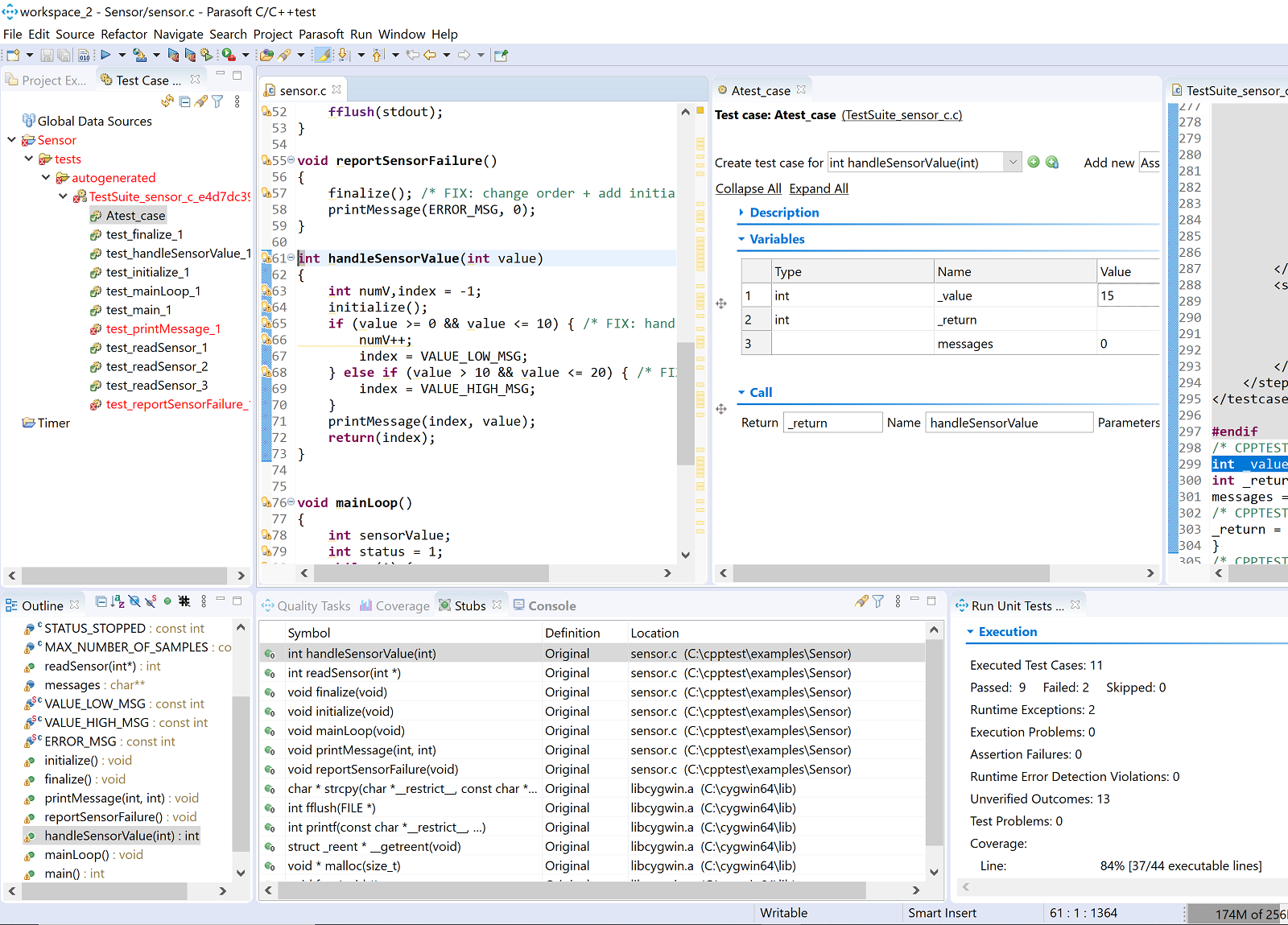 Screenshot of C/C++test with various unit testing window perspectives.