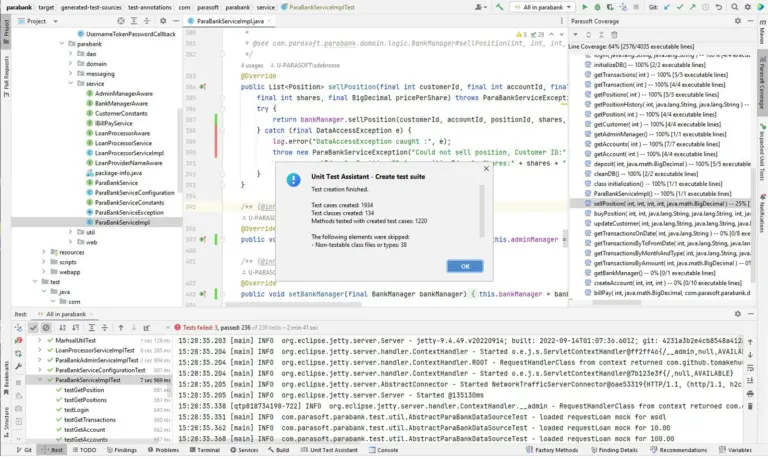 Screenshot of Jtest IDE integration showing unit tests being generated in bulk.