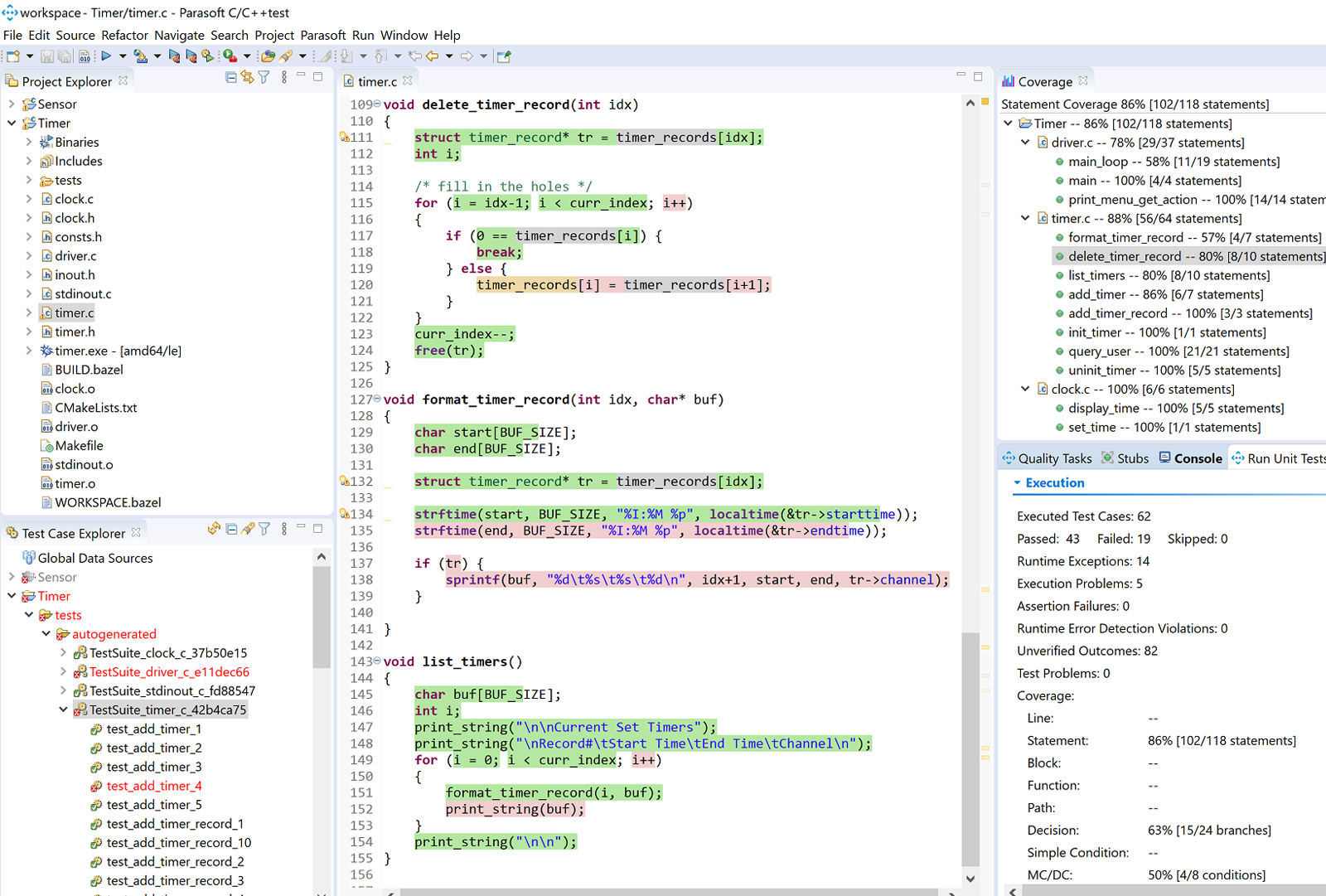 Screenshot of C/C++test with code highlighted in green, red, or yellow to indicate test coverage.