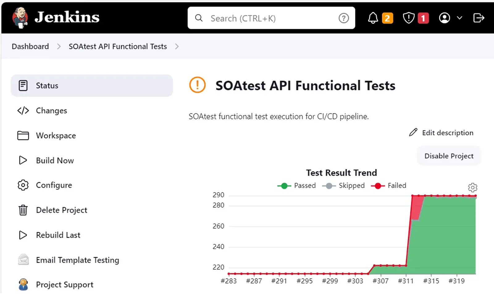 Screenshot of Jenkins UI showing results from a SOAtest API functional test execution.