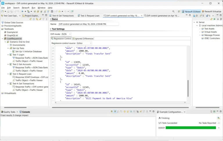 Screenshot of SOAtest in the Eclipse IDE showing an end-to-end functional integration test.