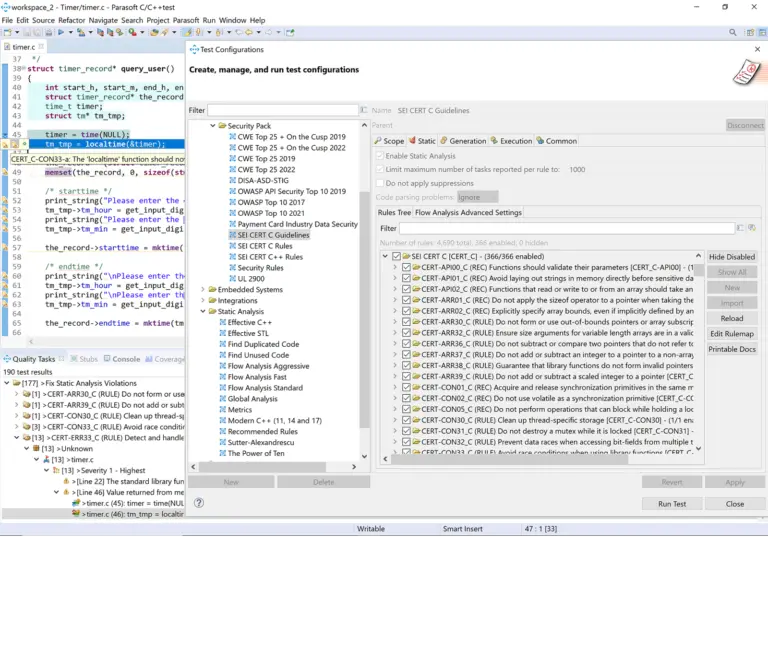 Screenshot of C/C++test CERT static analysis configuration window.