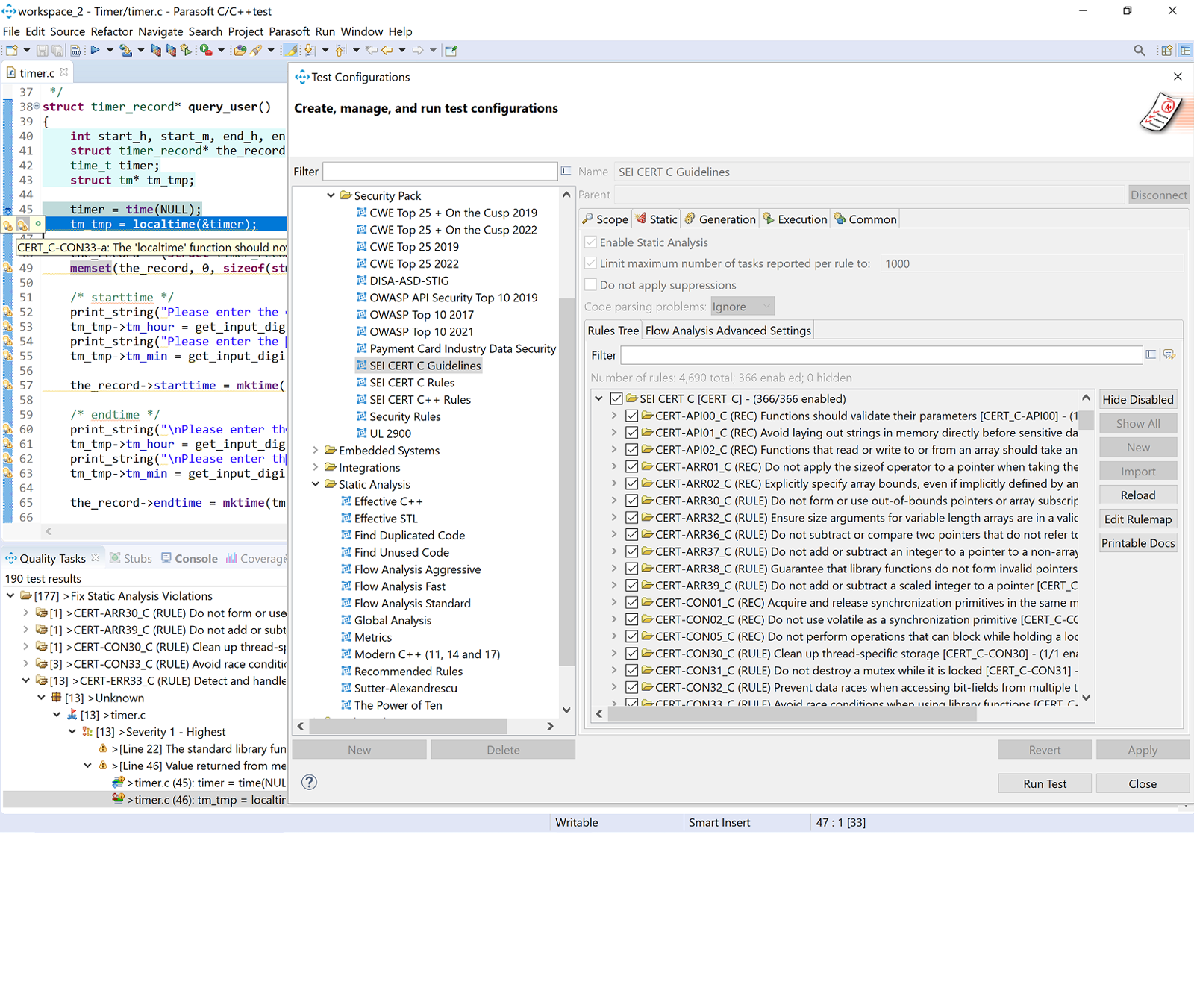 Screenshot of C/C++test CERT static analysis configuration window.