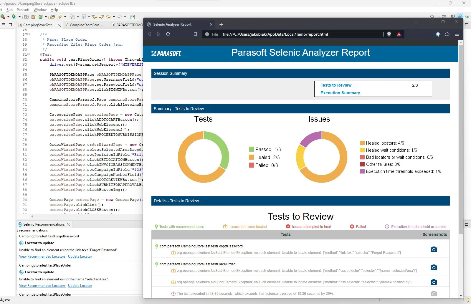 Screenshot of Parasoft Selenic showing the Selenic analyzer report.