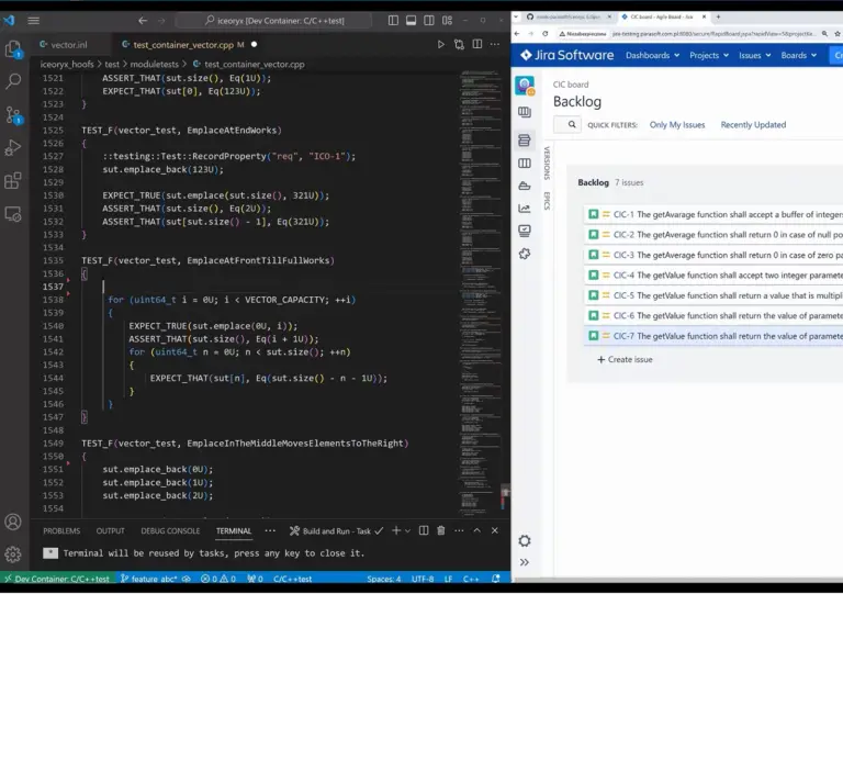 Screenshot of C/C++test CT running on VS Code editor showing Google Test unit test cases and links to Jira XRay requirements.