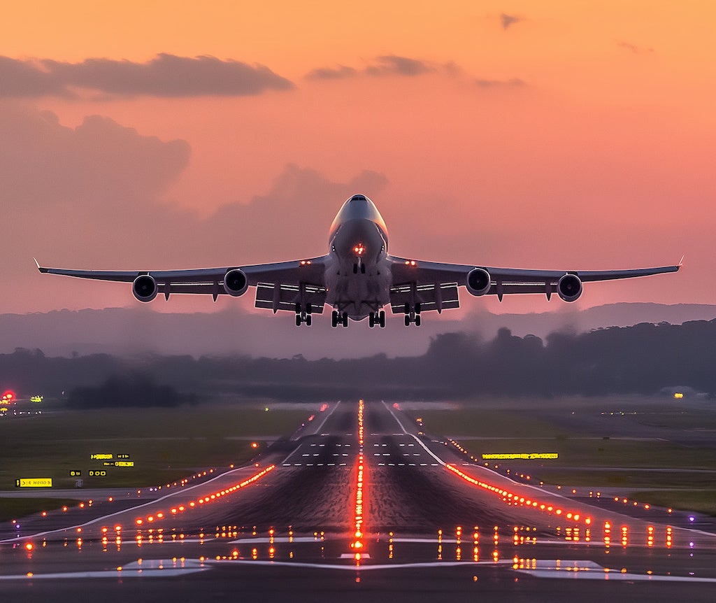 Image showing a commercial jet taking off above a lit runway at sunset.