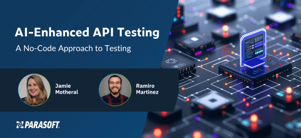 Webinar title: AI-Enhanced API Testing: A No-Code Approach to Testing on left with speaker headshots below and graphic of circuit board on right