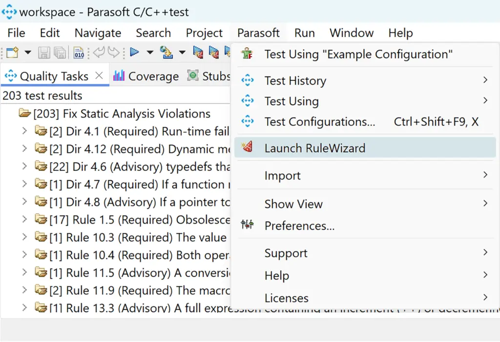 Screenshot invoking the C/C++test RuleWizard