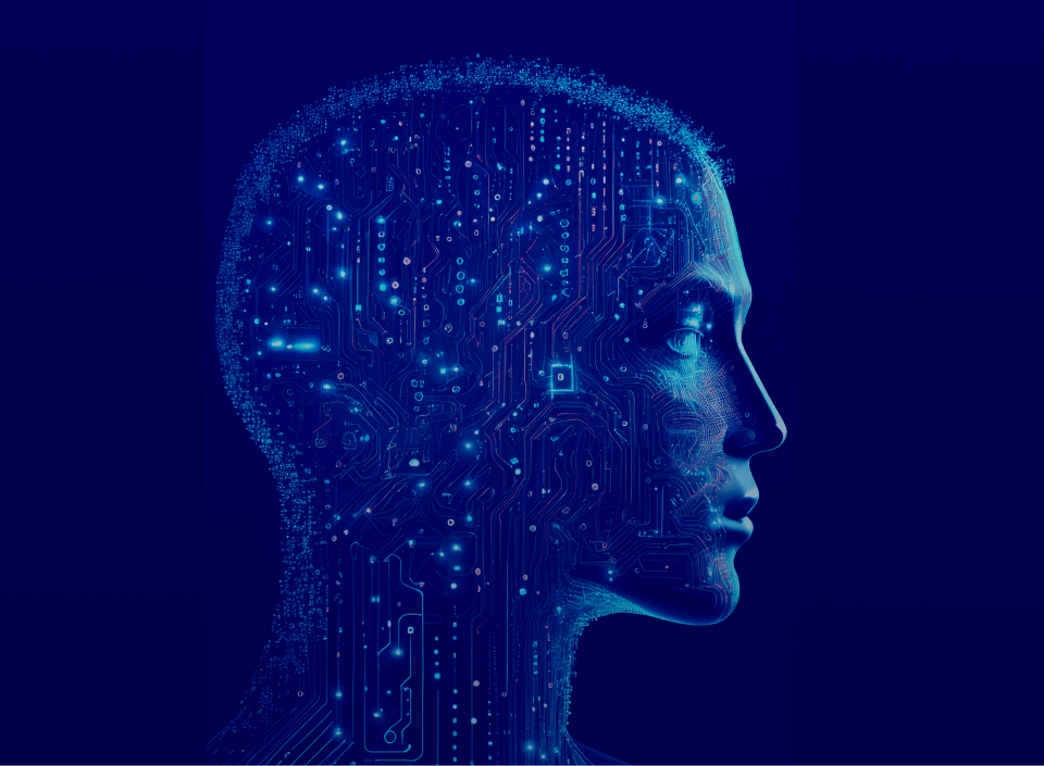 Profile image of a human head filled in with data connectors to reflect artificial intelligence.