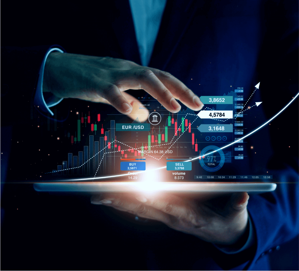 Image of a male wearing a navy business suit holding a laptop with a screen displayed showing financial software testing metrics.