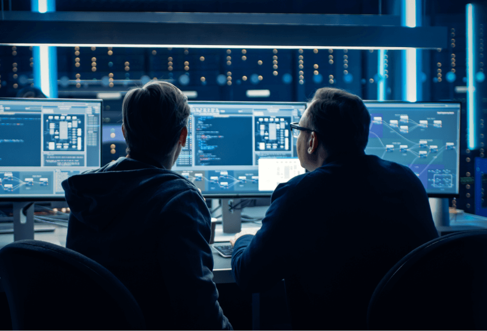 Image of two software engineers sitting in a control room in front of three monitors displaying software test runs for static analysis, unit testing, penetration testing requirements traceability, and reporting and analytics.