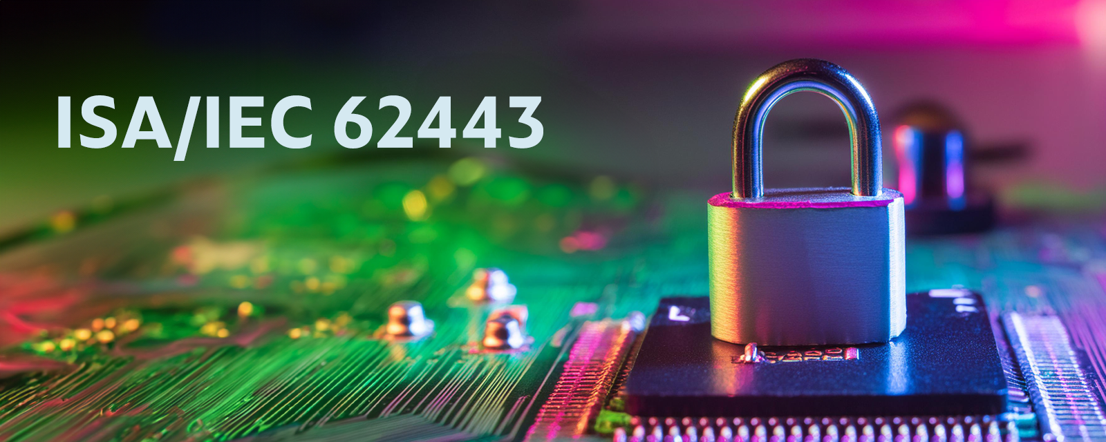 Graphic of locked padlock sitting on computer motherboard labeled ISA/IEC 62443.