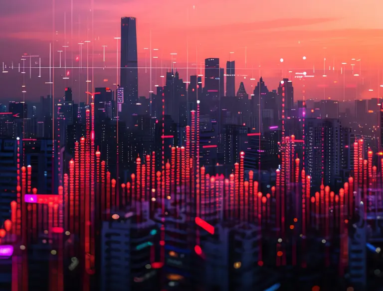 Cityscape at dusk with overlay of stock chart