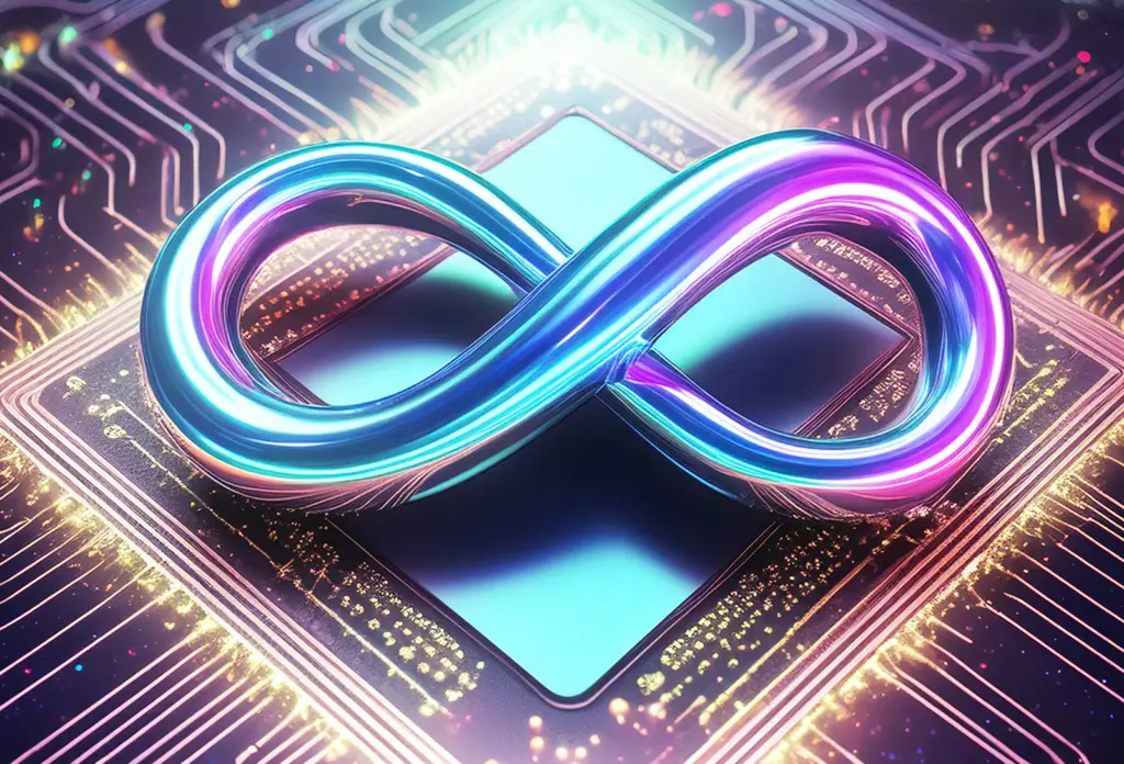 Graphic showing a 3D image of an infinity symbol in vibrant blues and pinks floating above a representation of an embedded system.