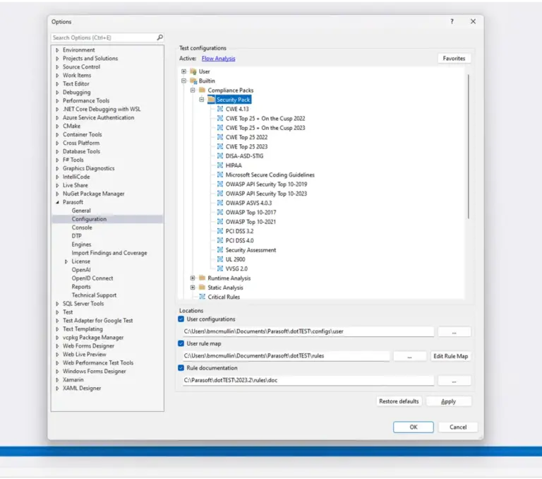 Screenshot of Parasoft dotTEST showing the static analysis security compliance test configuration options.