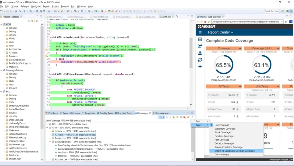 Screenshot of C/C++test code coverage and progress dashboard