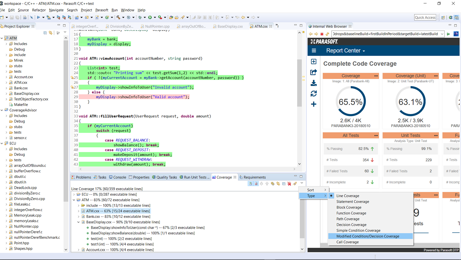 Screenshot of C/C++test code coverage and progress dashboard