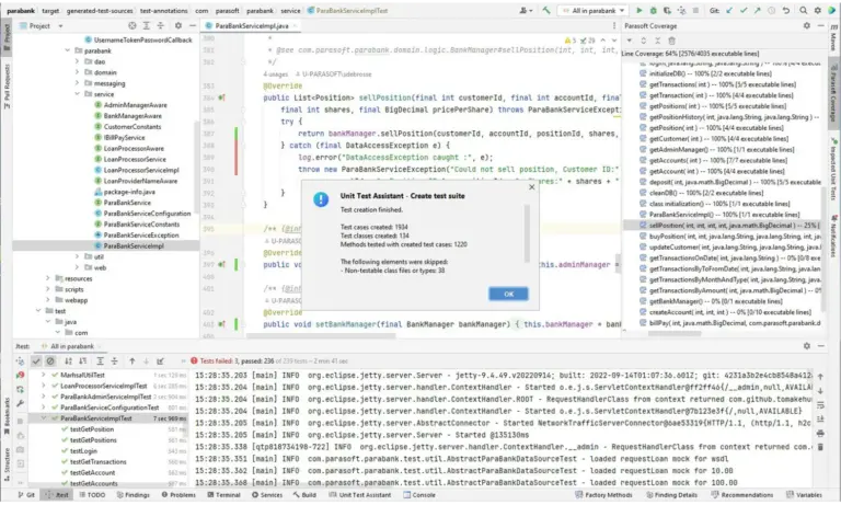 Screenshot of Parasoft Jtest in the IntelliJ IDEA showing AI-powered bulk unit test generation.