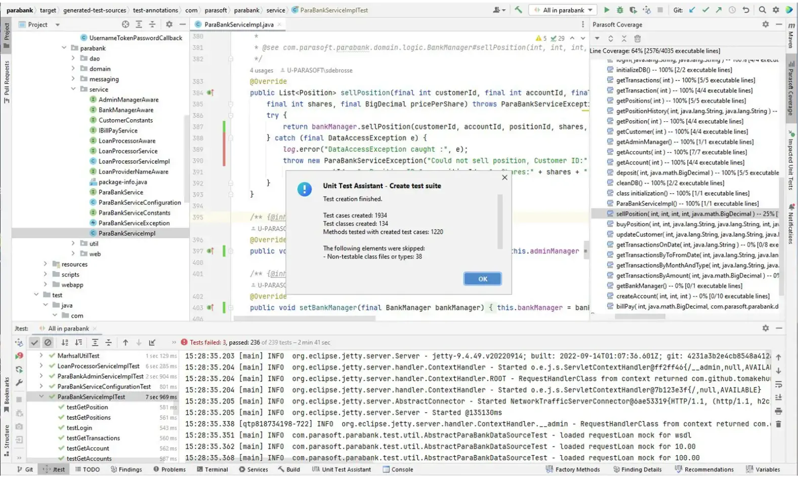 Screenshot of Parasoft Jtest in the IntelliJ IDEA showing AI-powered bulk unit test generation.