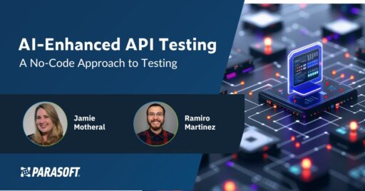 Webinar title: AI-Enhanced API Testing: A No-Code Approach to Testing on left with speaker headshots below and graphic of circuit board on right