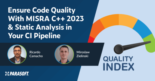Ensure Code Quality With MISRA C++ 2023 & Static Analysis in Your CI Pipeline with speaker headshots and meter graphic measuring quality to the right