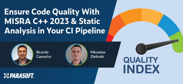 Ensure Code Quality With MISRA C++ 2023 & Static Analysis in Your CI Pipeline with speaker headshots and meter graphic measuring quality to the right