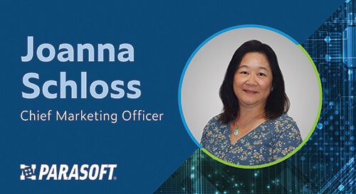 Banner showing a headshot of Joanna Schloss, Chief Marketing Officer at Parasoft