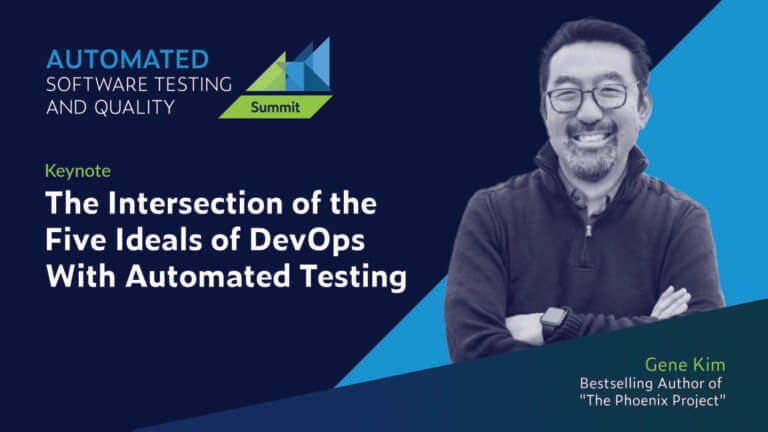 Text on left: The Intersection of the Five Ideals of DevOps With Automated Testing with heads shot of speaker on the right