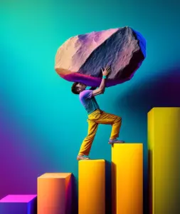 Illustration of a man carrying a very large heavy rock while walking on top of columns that are gradually getting higher. Illustrating the concept of Scalibility issues.