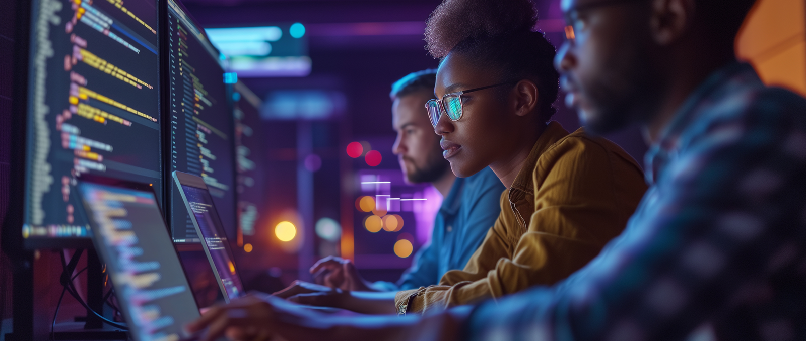 Image of three software developers who are very focused on working. Nearest to camera is a black man with blue and white plaid shirt and glasses, next is a black woman wearing a tan button down shirt with her hair pulled up in a natural updo and glasses, and last is a man of ambiuguous background with a blue button up shirt, and beard.