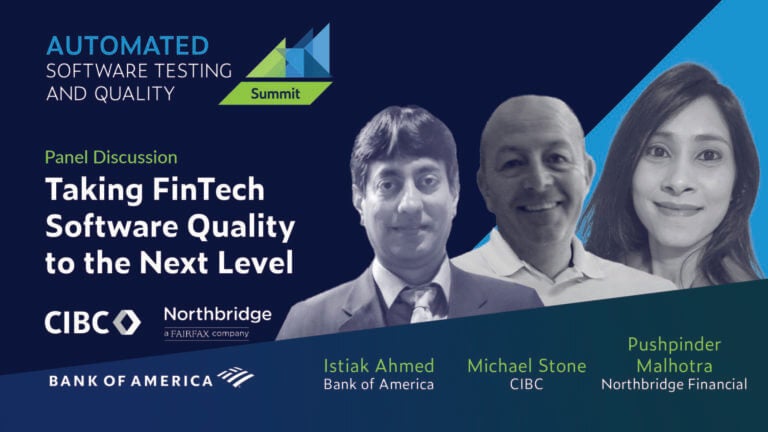 Text on left: Panel: Taking FinTech Software Quality to the Next Level with speaker headshots on right