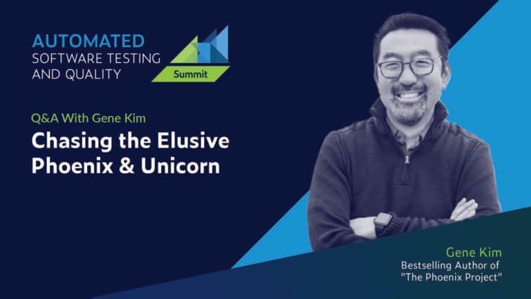 Text on left: Chasing the Elusive Phoenix & Unicorn: Q&A With Gene Kim with speaker headshot on right