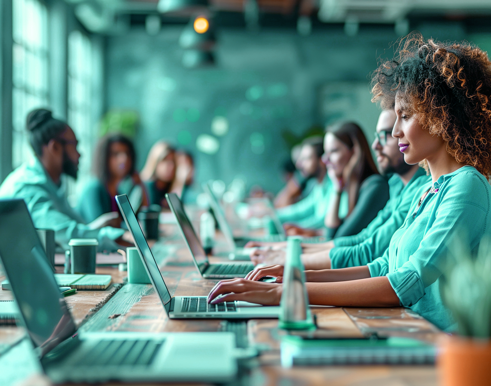 Photo showing a long working table with young professionals collaborating and typing on laptops.