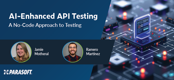 Webinar title: AI-Enhanced API Testing: A No-Code Approach to Testing on left with speaker headshots below and graphic of circuit board on right