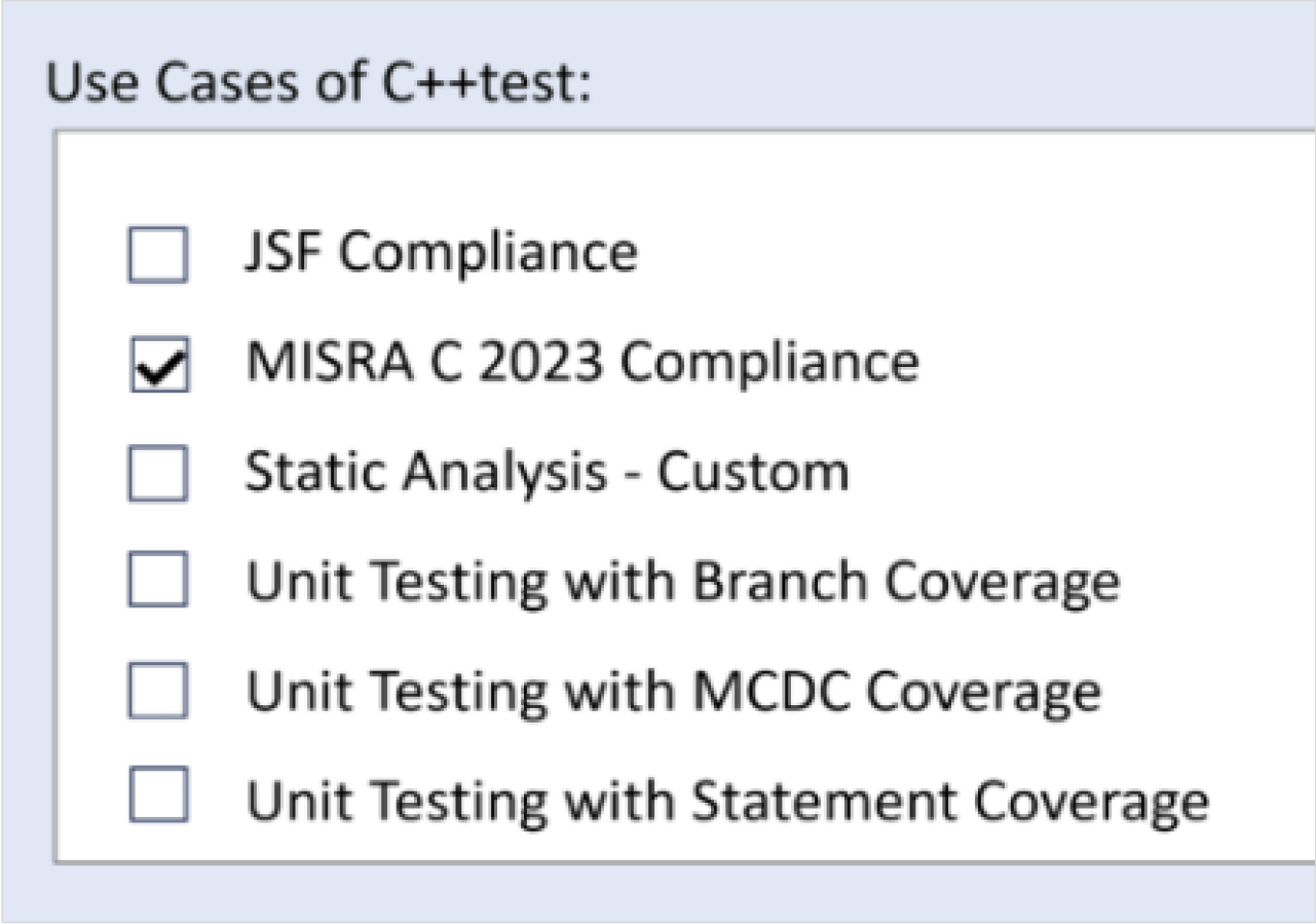 Functional compliance selection with additional use case settings 2