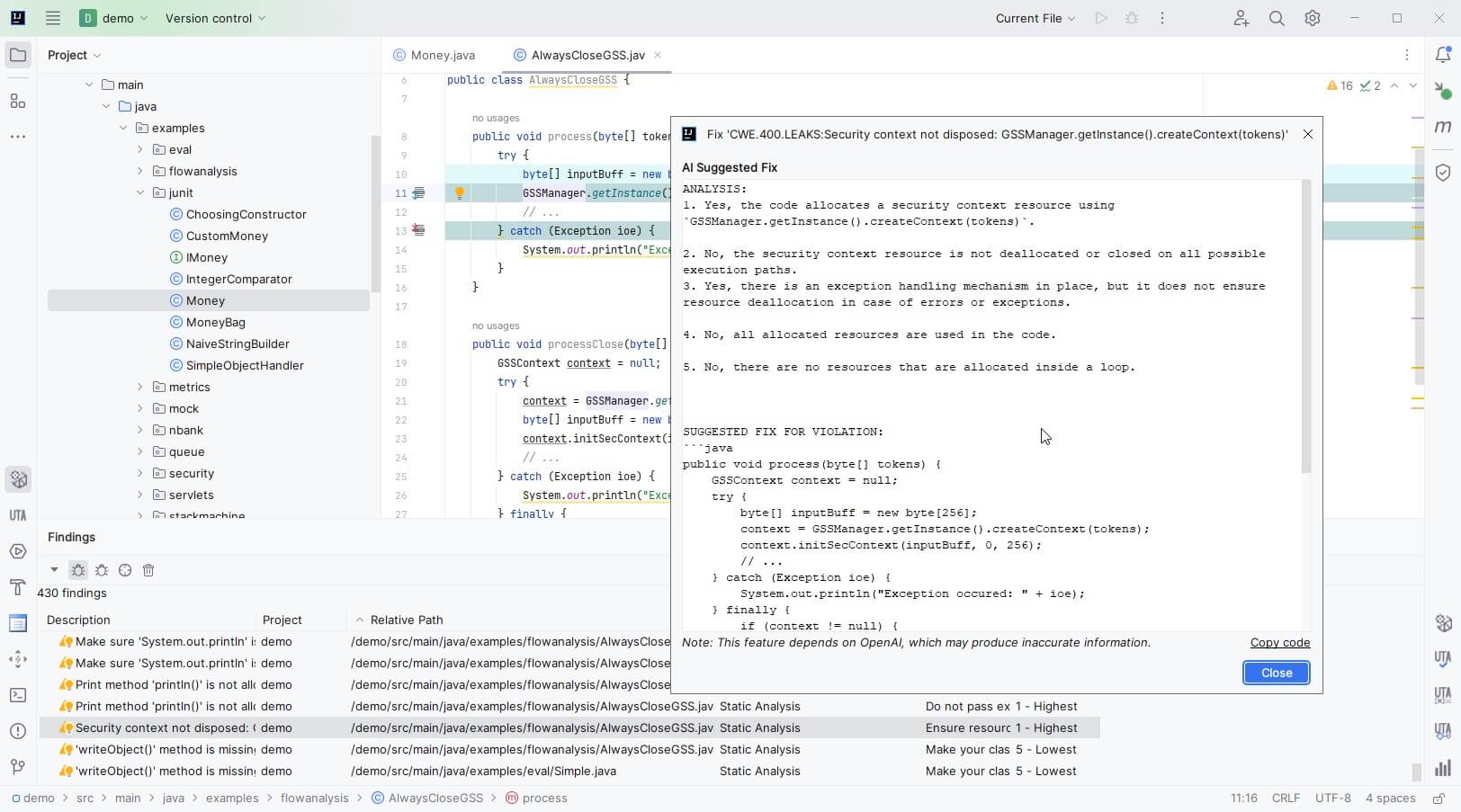 Screenshot showing AI suggested fixes based on Java static analysis results in Jtest.