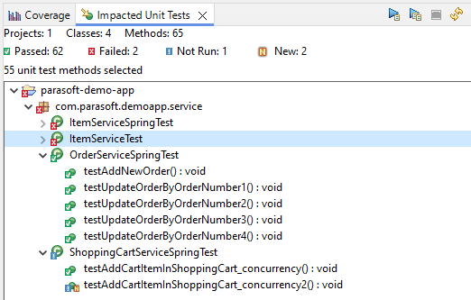 Screenshot showing unit tests impacted by change in Jtest with test impact analysis.