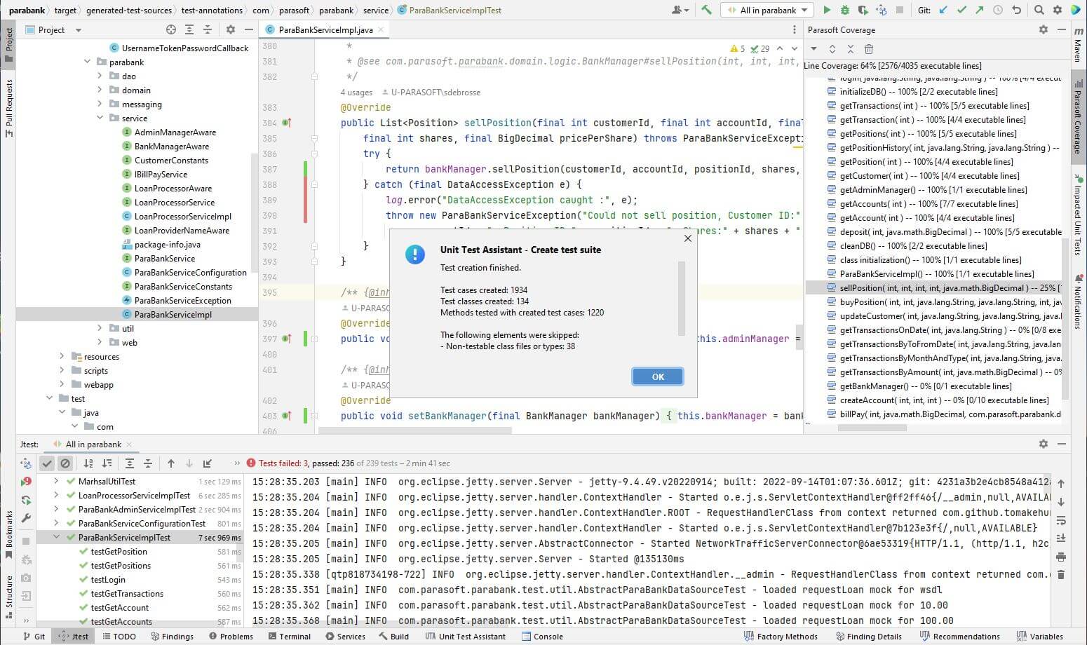 Screenshot of Jtest Unit Test Assistant generating test cases in bulk for Java unit testing.