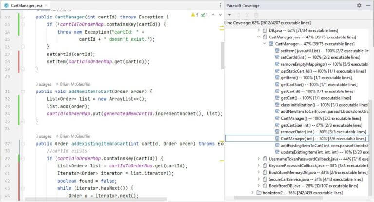 Screenshot of Jtest with IntelliJ integration showing unit test coverage.