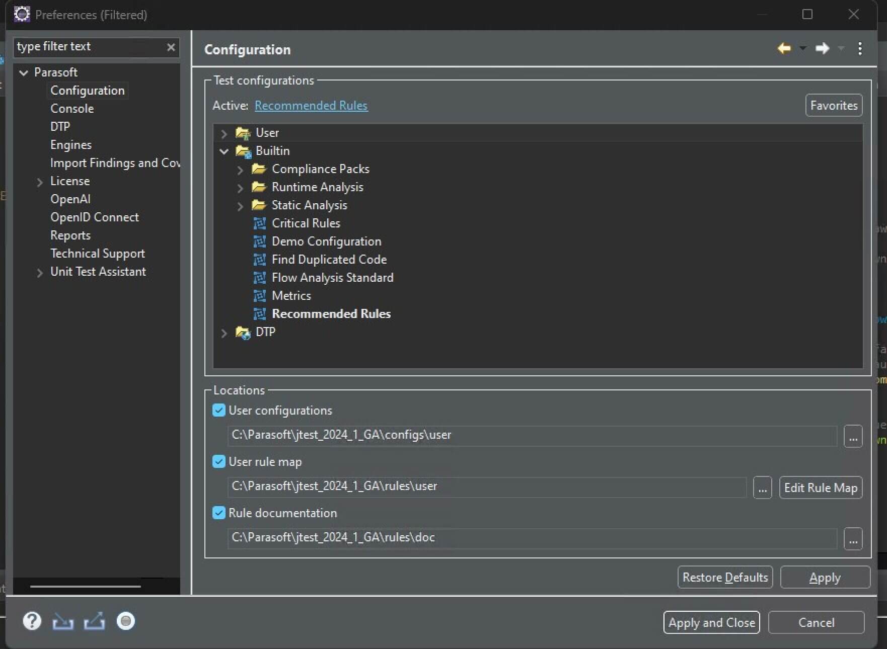 Screenshot showing test configurations in Jtest for Java static analysis security testing.