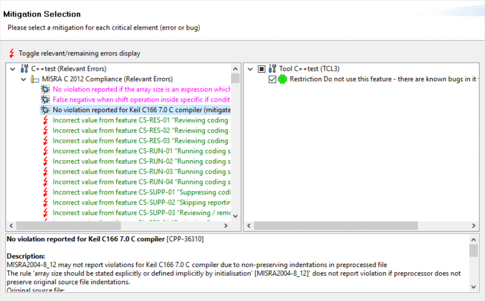 Screenshot of Mitigation Selection in Parasoft C/C++test.