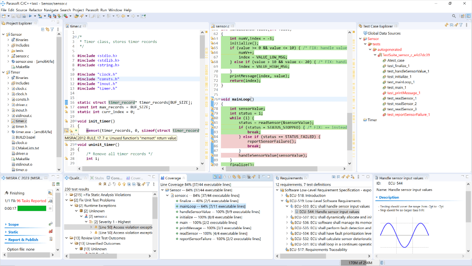 Parasoft C/C++test unified testing view