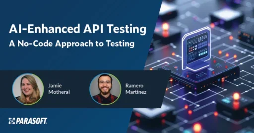 Webinar title: AI-Enhanced API Testing: A No-Code Approach to Testing on left with speaker headshots below and graphic of circuit board on right