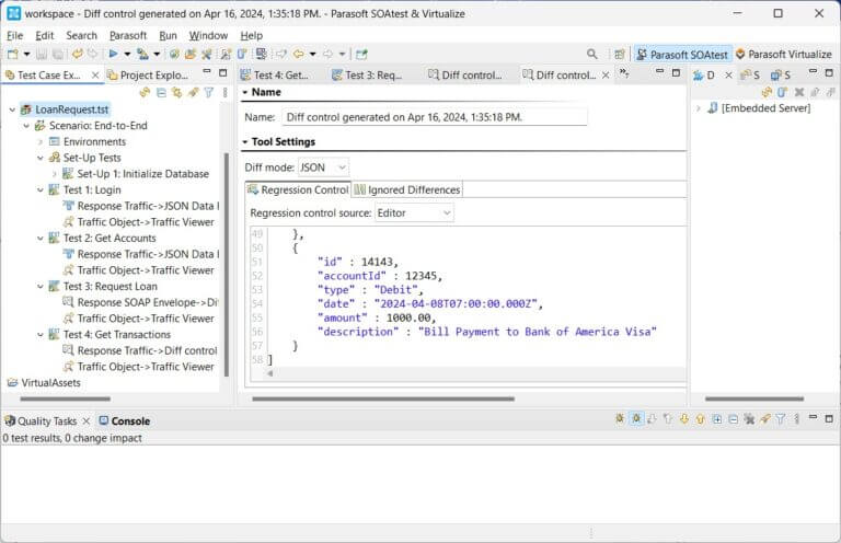 Screenshot of Parasoft SOAtest and Virtualize regression testing results.